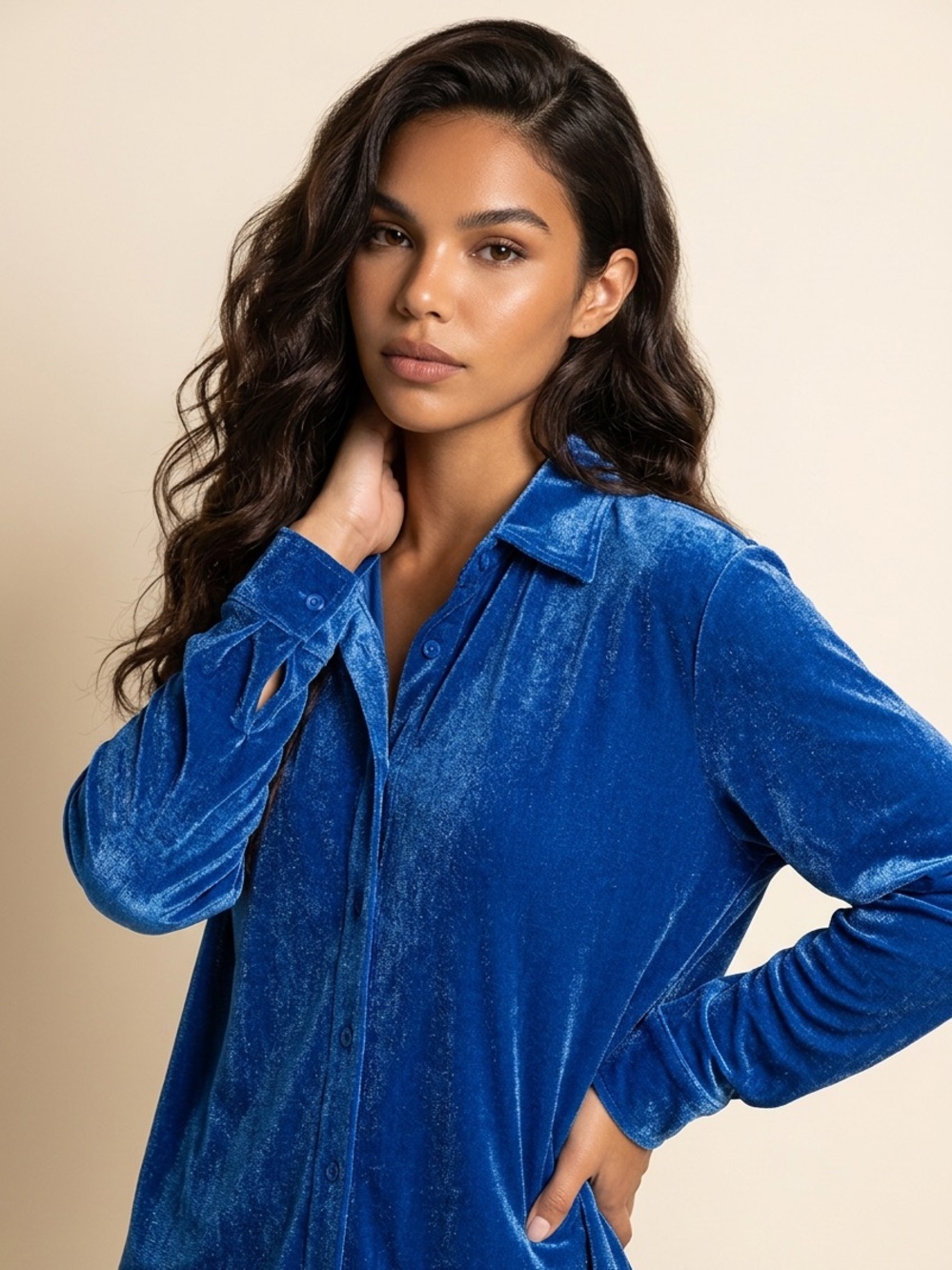 SOFT Surroundings Royal Blue Velvet-like LARGE Button Down Shirt